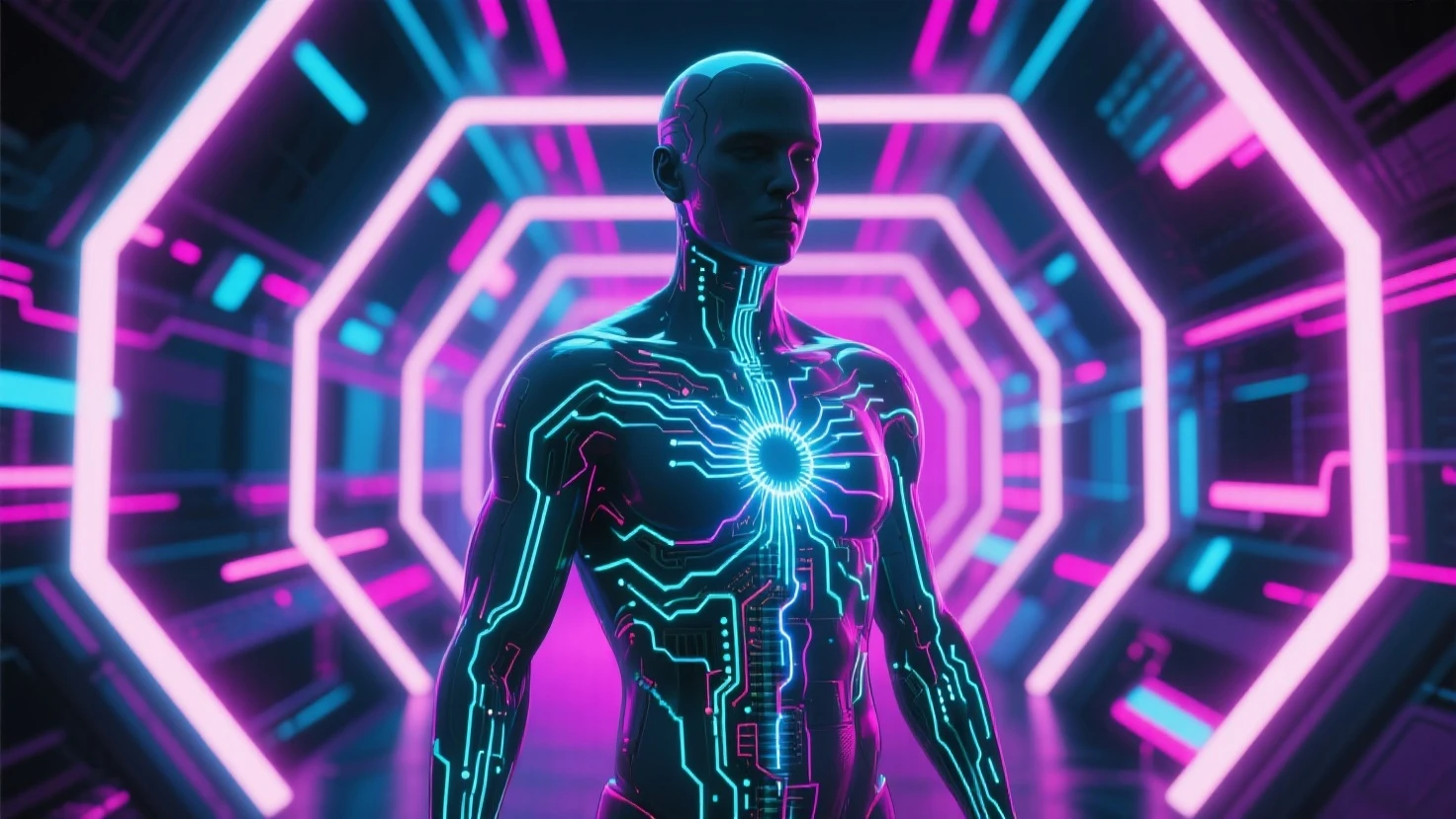 a man with a green chest and a green wire around his chest, covered in circuitry, fractal veins. cyborg, intricate transhuman, neon cybernetic implants, wires cybernetic implants, cyborg body, cyborg neck, bright glowing veins, glowing veins, organic cyborg, symmetry!! portrait of cyborg, cybernetic body, cyberpunk transhumanist