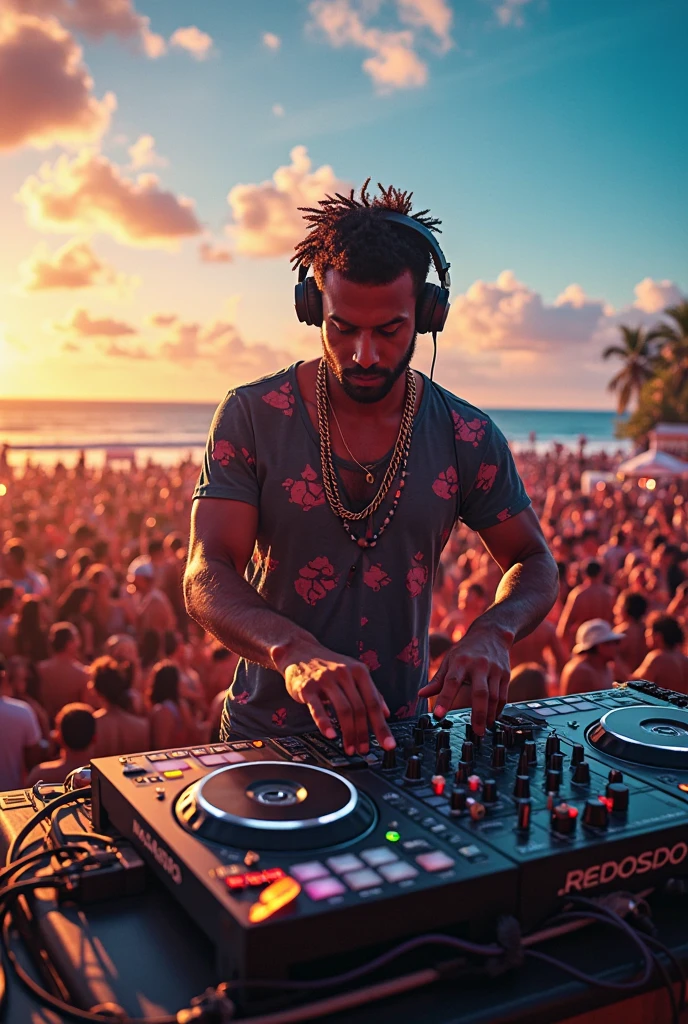 Create a music scenario for a DJ in a Caribbean beach with palm trees.