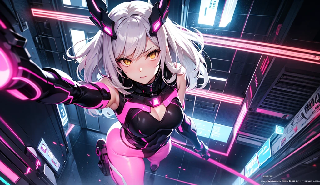 Great, Masterpiece, 1 woman, short hair, half black half white, pink eyes, rabbit ears, low lighting background neon lights, colofes brinres black clothing, Upper part of the body, White skin, Best Quality