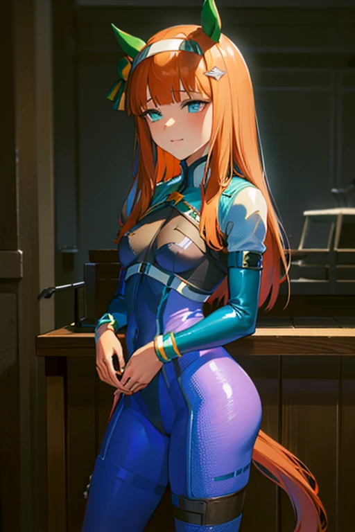 ultra-detailed, Explicit, Beautiful body, Beautiful Nose, Beautiful character design, perfect eyes, perfect face, ultra highres, 4K, beautiful legs, perfect legs, Nice hands, Perfect hand, Masterpiece, Best Quality, Highly detailed, illustration, absurdres, perfect anatomy, expressionless, blank eyes, emotionless,corruption, mind control, female combatant, full body, hypnotized, unhappy trance, full body suit, ribbed bodysuit, both arms at side, obey, perfect female body, looking at viewer, hypnosis, hypnoLora, empty eyes, Mind control device, poses, submissive_pose, Slave, standing straight, standing, Fighting Stance, standing at attention, numbersuit, two-tone bodysuit:0.9, blue bodysuit:0.9, light blue bodysuit:0.9, 1girl, solo, hair ornaments, TOPSPD, TWIN BRAIDS, long hair, orange hair, blue eyes, medium breast, witch hat