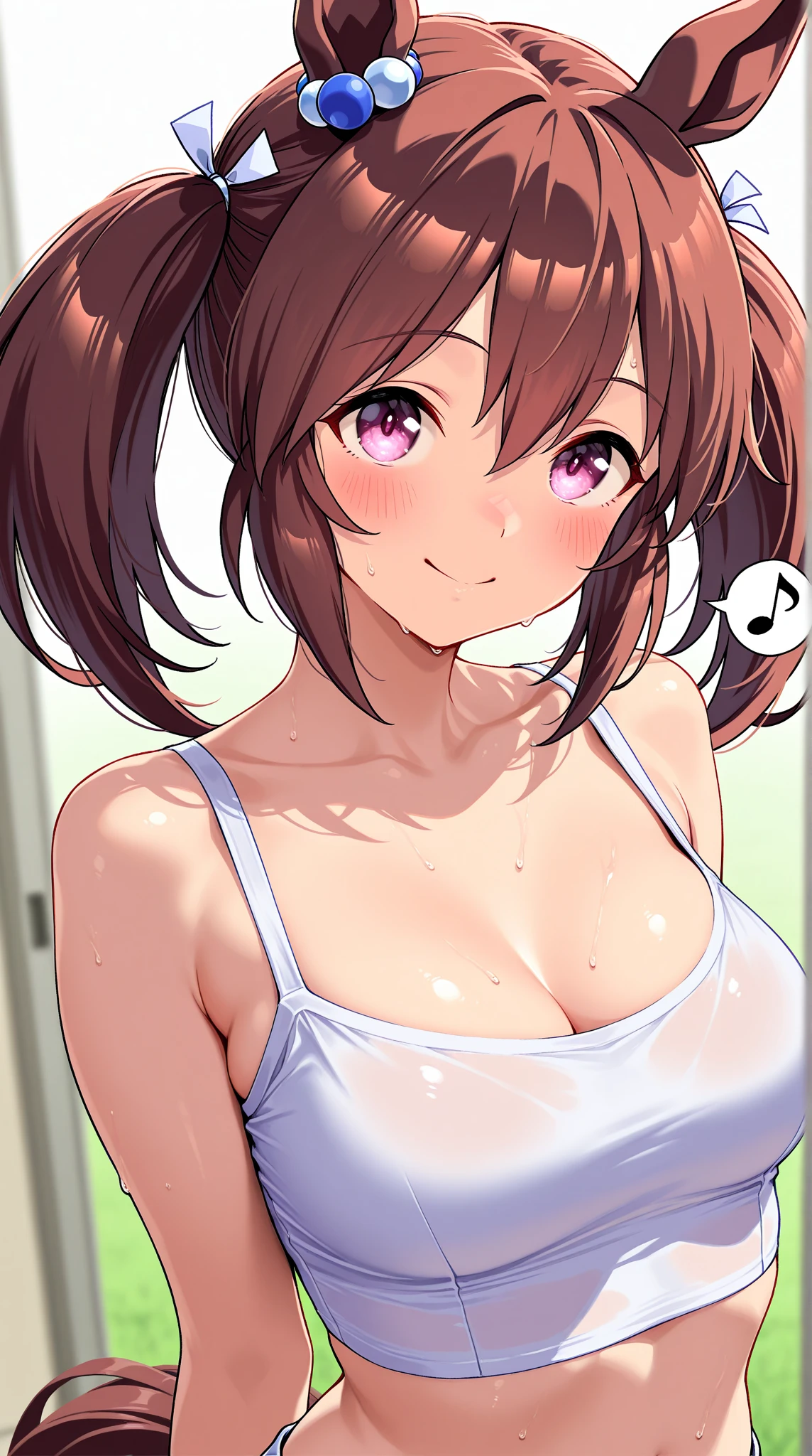 1girl、solo、cowboy shot、miku nakano、brown hair、hair between eyes、headphones、、medium chest、blue eyes、、look at the audience、Bedroom、Lower body is black T-back, blush, Topless, Bedroom、Towel on the body、smile