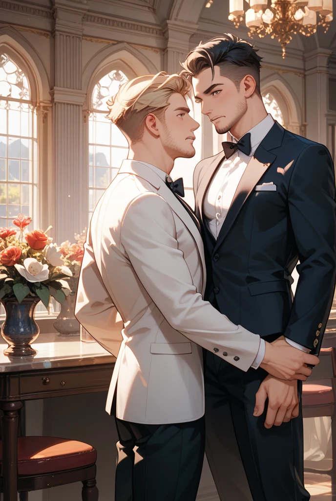 Gay couple sweet guys dancing In moonlight