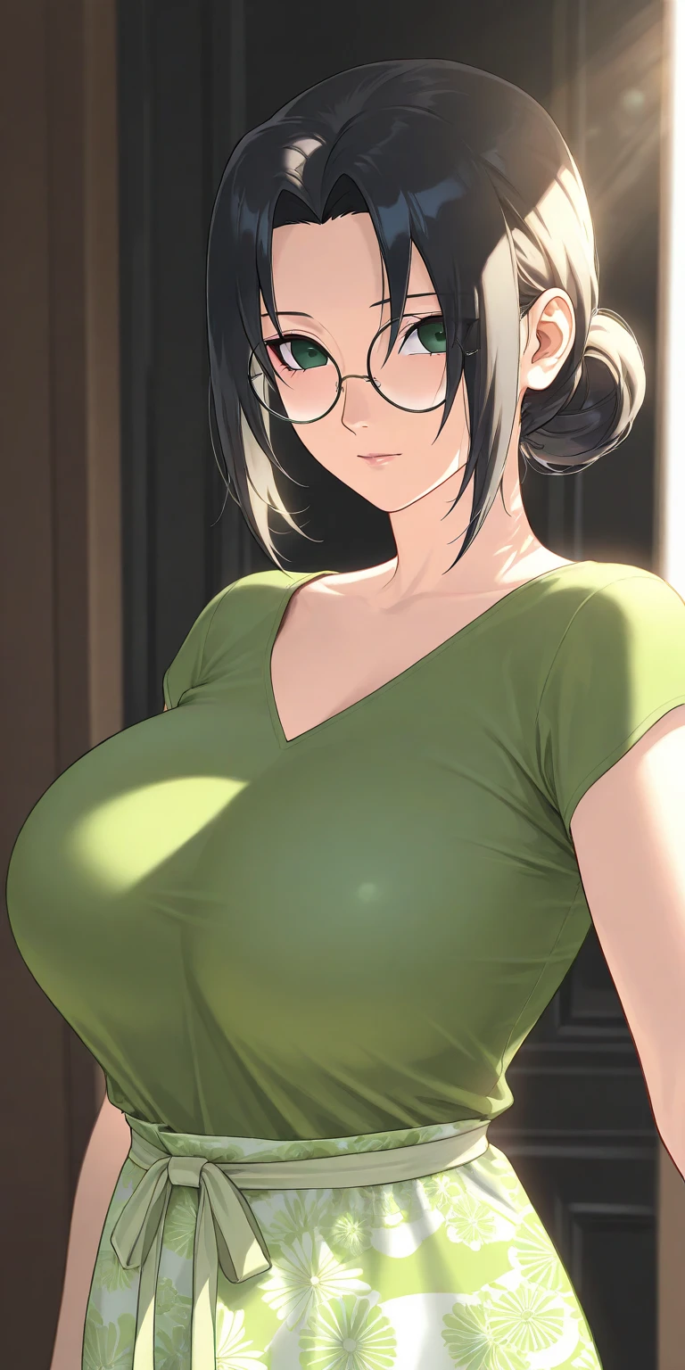 best quality, masterpiece, 1girl, (solo:1.1), raytracing, ultra detailed,detailed face, 8k wallpaper, wide hips, ZeninMakiNDV, 1girl, green hair, yellow eyes, large breasts, ponytail, glasses, panties, shirt, sitting, outdoor, smile, looking at viewer,  