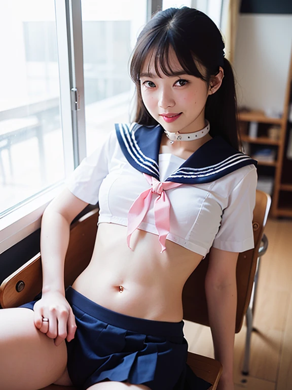 (masterpiece, best quality:1.2), 8k, official art, raw photo, incredibly absurdres, (sailor uniform, serafuku:1.0), ,highschool student,beautiful girl, pretty face, , short sleeve, violaceaess, (short twintails:1.3),teen, classr looking at viewer, no makeup, detailed eyes and face, ,(cowboyshot:1.3),(small brests:1.2),(skinny:1.2),(smile:1.2),(school swimsuit:1.3),(fullnude:1.0),(show pussy:1.0),(bottomless:1.0),