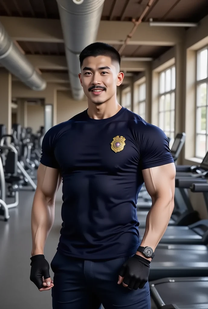 korea male male model sit on the table , big muscles, handsome, cool, smoothly combed hair, pierced ears, wearing a t-shirt navy top, holding a lollipop, portraiture, modeling, dynamic pose, Japanese street, late at night, store lights trade, full half body shot, kind_smile, open mouth, fullbodypolice officer, Korean Men ,facial hair, Full body, ,(Police badge) ,(Torn navy round neck shirt), (Navy blue round neck shirt.), (Abrasions on the body....: 1.3), (Navy Cargo Pants: 1.3), Short Hair Hair, (High shadow detail),Pectoral muscles, Big arm muscles, blood vessel, Big muscles, Wide shoulders, Abrasions on the body...., Abrasions on the face, nighttime , fire truck