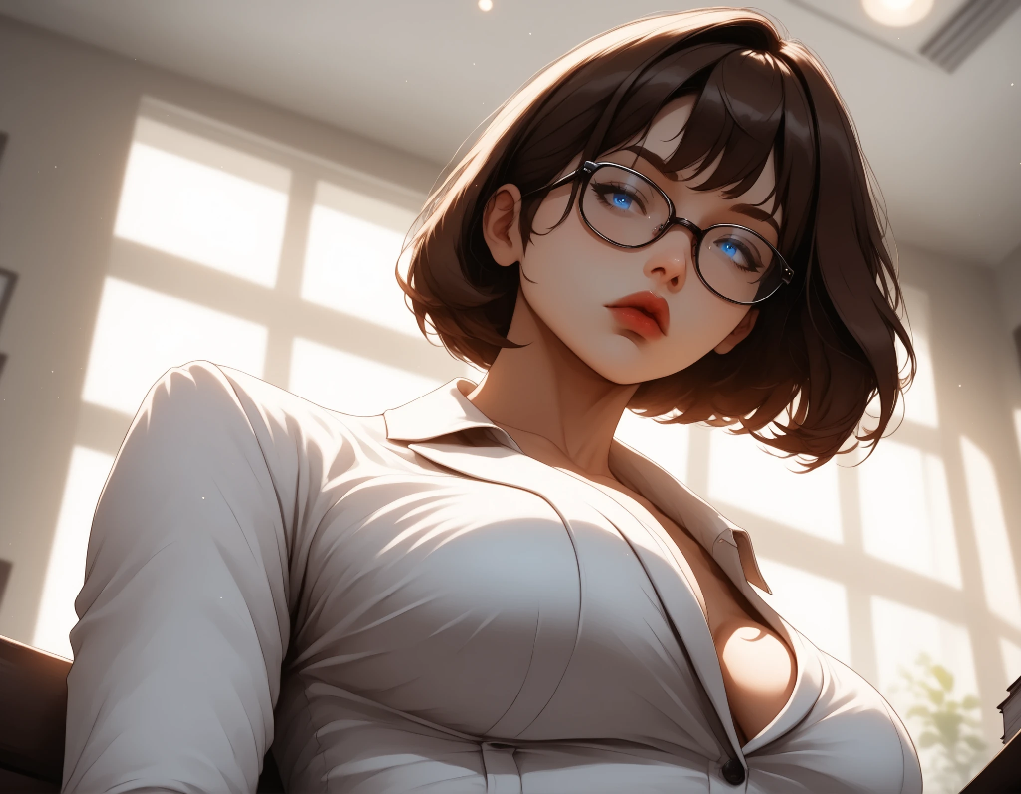 (masterpiece:1.2), (best quality:1.2), ultra detailed, 8k, watercolor, cinematic lighting, volumetric_lighting, rim light, soft shadows, ((forced_perspective)), (Diminishing scale perspective:1.3), (solo, solo_focus, from_below) BREAK (1girl, (brown_hair:1.3), blue_eyes, glasses, long_hair, hair_between_eyes, hair_in_bun, large_breasts,  long_bangs, bob_cut, black_gloss_lips, full_lips, large_breasts, cross_legged) BREAK (pant_suit, white_blouse) BREAK (indoors, office_background, blurry_background), (lora:Yandere Queen:0.85), (lora:Detail Tweaker XL:0.65), (lora:Fantasy Western Anime:0.45), (lora:Dark Realism (Anime):1.0), (lora:Dramatic Chiaroscuro:1.0), (lora:Vampire Hunter D Bloodlust Style [Pony XL]:0.3)
