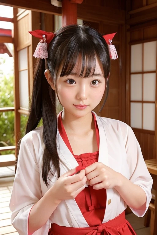 ((masterpiece, Extremely realistic, Photorealistic, Every detail counts, Highest quality, Realistic Shadows,Realistic glow, Every detail countsな目)), Maiko, , Wearing a cherry pink long-sleeved kimono, Daffodil pattern on sleeve, smile, In Kyoto