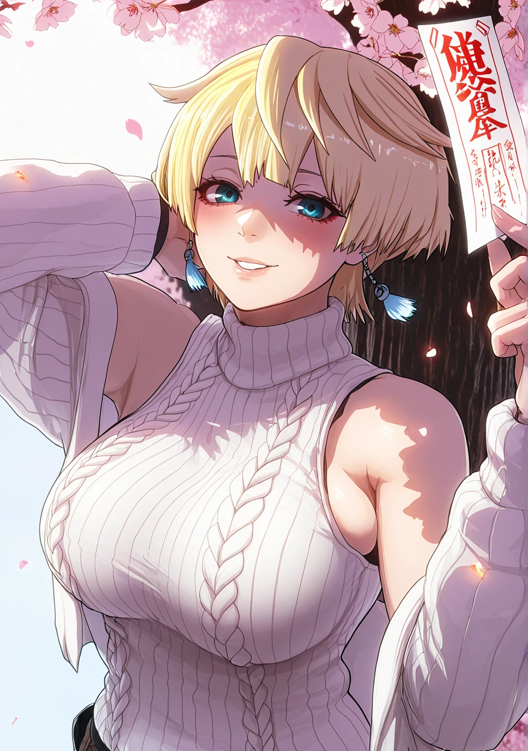 ggstduel, (minami_koyogi-style:1.4), (hong doo-style), ((anatomical correct)), ((embers)), ((Cinematic, unreal engine, eye-catching, ambient occlusion, UHD, masterpiece)), ((perfect lighting)), perfect body, perfect eyes, perfect fingers, gasping, heavy breathing, gasping profusely, ((skindentation)), ((curvy)), mato seihei no slave, tenka izumo, short hair, blue eyes, blonde hair, earring, hafuda, plump, 1girl, breasts, solo, looking_at_viewer, turtleneck, sweater, sleeveless, smile, ribbed_sweater, bare_shoulders, cherry_blossoms, sleeveless_turtleneck, blush, turtleneck_sweater, upper_body, hair_intakes, closed_mouth, alternate_costume, white_sweater, flower, sleeveless_sweater, parted lips falling petals, shaded face