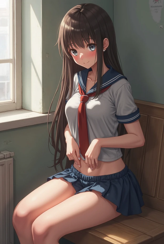 (((masterpiece, Highest quality, High resolution, 超High resolution, Perfect Pixel, Depth of written boundary, 4K, RTTX 10.0))), Beautiful Anime Woman, Beautiful art style, Anime characters, ((Smooth texture, Realistic texture, Anime CG Style)), Exact finger count、Exact number of legs、(Exact number of arms:1.0, Exact number of hands:1.0), (Perfect hands, Perfect Anatomy), Cinematic, Realistic, Extremely detailed CG, Daytime lighting, Perfect lighting, Best Shadow, The best natural light, whole body, Perfect body, バランのとれたPerfect body, Perfectly balanced style, Slender body, ((Long Hair, bangs, Reddish brown hair, Stylish and trendy hairstyle)), ((A cute adult woman is holding her panties in both hands and showing them, holding panties, presenting panties:1.8)), ((Sailor suit tops, Sailor collar, White shirt, Navy pleated mini skirt:1.3), (Knee-high socks:1.3):1.3), (Beautiful and big breasts:1), (Very embarrassed look:1.5), blush, (School classroom, Desk and chair in the background:1.3), Angle from the front, lace pink panties