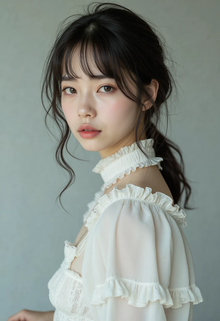 (masterpiece), (Highest quality), (Super detailed),(Disheveled Hair),(figure), (One girl), (NUDE), Are standing, View your viewers, (interview), (Simple Background),Beautiful attention to detail, Delicate and beautiful face, ,( (Thin white collar blouse)),､((No makeup))､floating,(High saturation),), Focus on the face,  Light-colored lips､(Mouth closed)、Soft Breasts､Short low ponytail, Black Hair, bangs, Hair Ring, Floating hair, (The Shining), Best lighting, Best Shadow,