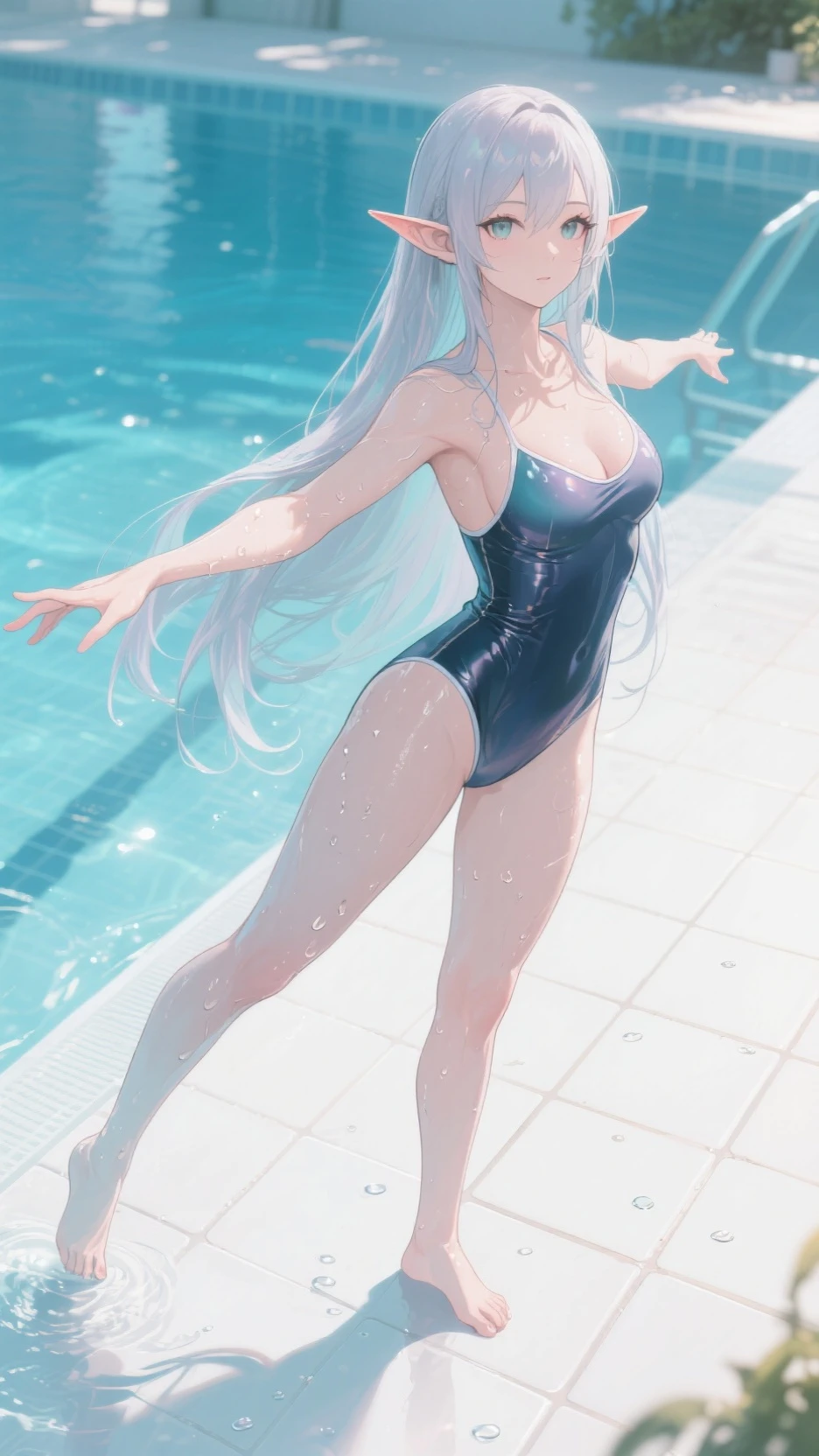 wet fitness supermodel climbing out of glowing pool in shaceship after a dip, her heels made of glass rest on the edge of the pool, the glittery sky outside is striking in the dark dimly lit room, neon bioluminescent plantlife casts bounce light on her wet form, the caustic reflections dapple bounce light dramatically on her skin, bird's eye view, 

stark contrast, sharp details, fine details, detailed background, dynamic, scenic, perspective,  composition, rule of thirds, diagonal.