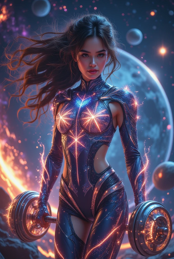 (ultra quality, 4k, 8k, high resolution, masterpiece: 1.2), ultra detailed, (realistic, photorealistic, photorealistic: 1.37) a beautiful young woman walking in outer space, semi-naked with lights all over her body, highly detailed, extremely detailed portrait, intricate details, hyper realistic, 8k, photorealistic, art by artgerm and greg rutkowski, dramatic lighting, glowing skin, volumetric lighting, cinematic, awe-inspiring, ethereal, mystical, cosmic, mesmerizing
