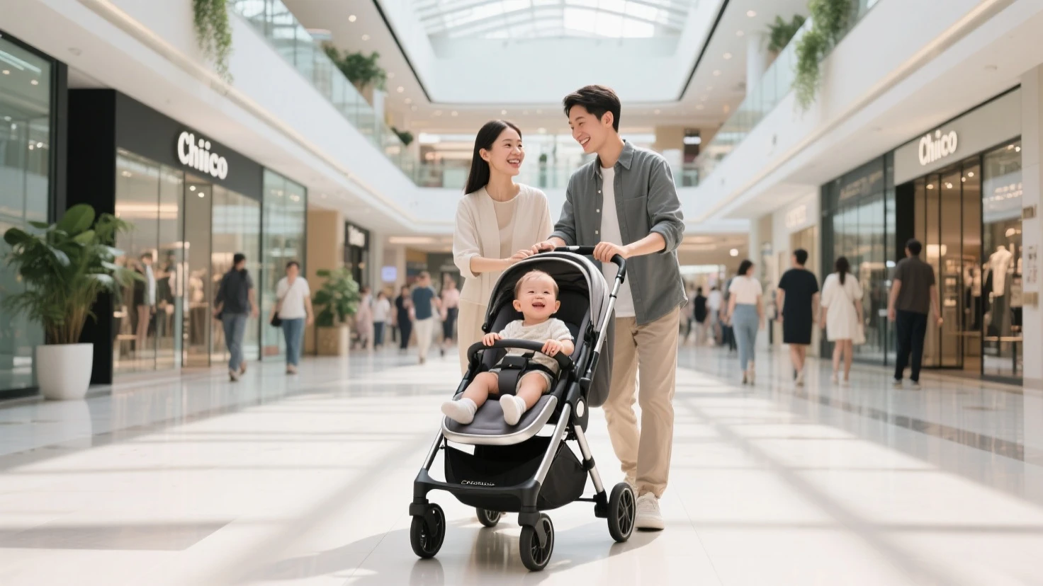 An adult in a diaper in a stroller