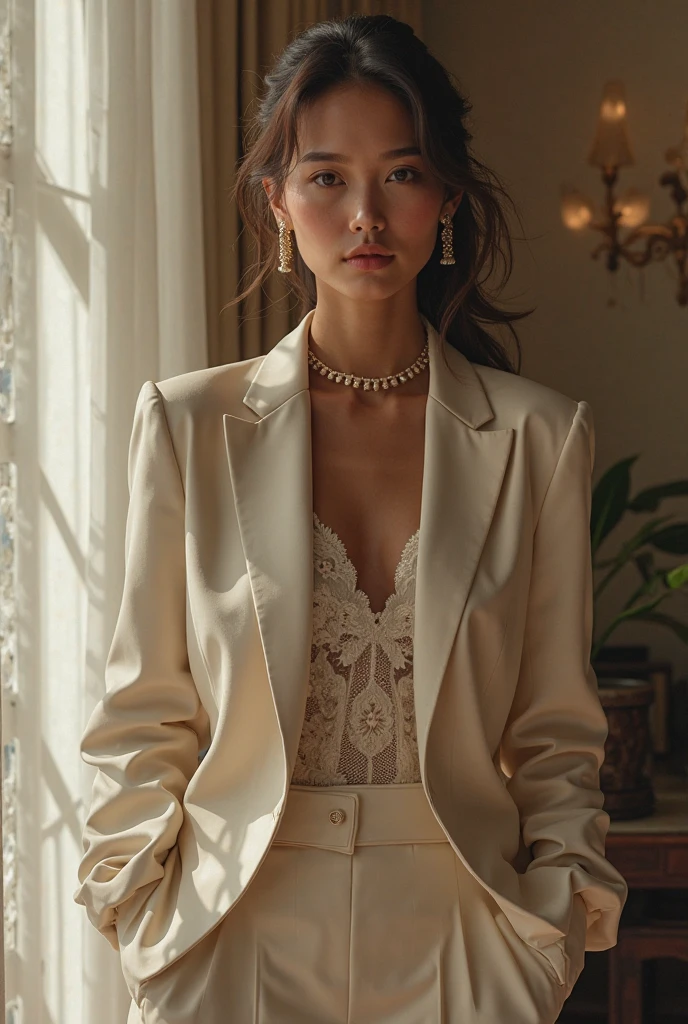 1 beautiful woman, (single person:1.4), (white business suit:1.4), short brown hair, red lips, detailed facial features, detailed eyes, high quality, 8k, photorealistic, masterpiece, cinematic lighting, natural lighting, elegant pose, serene expression, Diamond Bracelet, Deya Necklace, Pantyhose, Clear eyes, walk , front Photo, (Pale skin),(Brown hair) (Looking at the audience:1.3), (Lace), Very slim, Medium breasts, Hermès bag, soft colors,