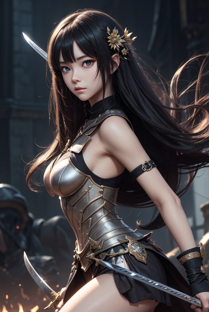 ((WARRIOR ARMOR )),actual, top quality, Natural light, clear focus, girl, Perfect body, slim abs, dark brown hair, white crop top, external, street, Super face slimming, Narrow your eyes, double eyelids, long legs, Beautiful butt, Long limbs, Protruding round ass, gait ,((DYNAMIC POSE ))