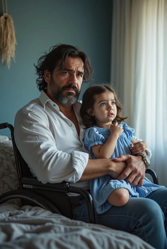 A 43-year-old man, two 10-year-old children, sitting on a couch, 90's clothes, backgound inside an old house