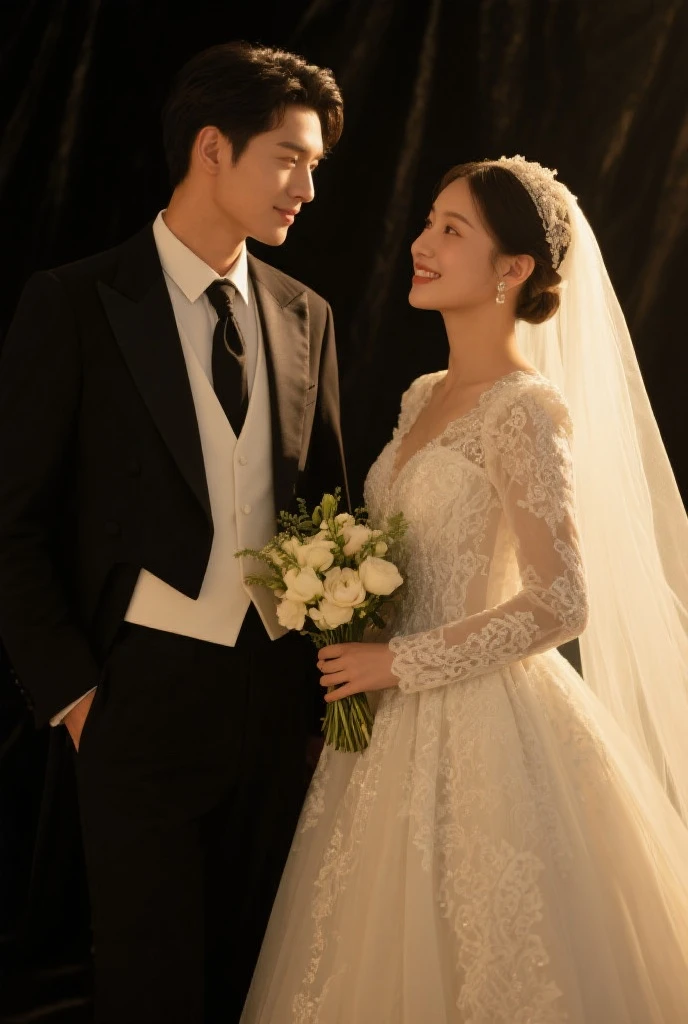 The girl's hand is on the boy's chest
Girl with pearl earrings
Oval Face'
Lovely
White wedding dress
Boy has black bow tie
Round face
handsome
Boys and girls smile at the camera
Courtyard background
Capture the light
Cinematic lighting