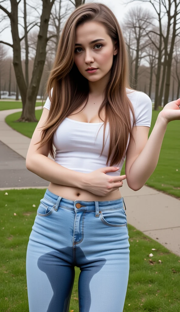 ((perfect photograph)), ((realistic)), ((8k)), ((beautiful bright eyes)), (perfect face) ((really long pink orange t-shirt)), super small breasts, gorgeous face with beautiful makeup, white women with red wavy hair, jeans, standing towards the camera, sunny day at the park, torso facing camera, outdoors, lots of light, lots of plants, beautiful eyes, smirking