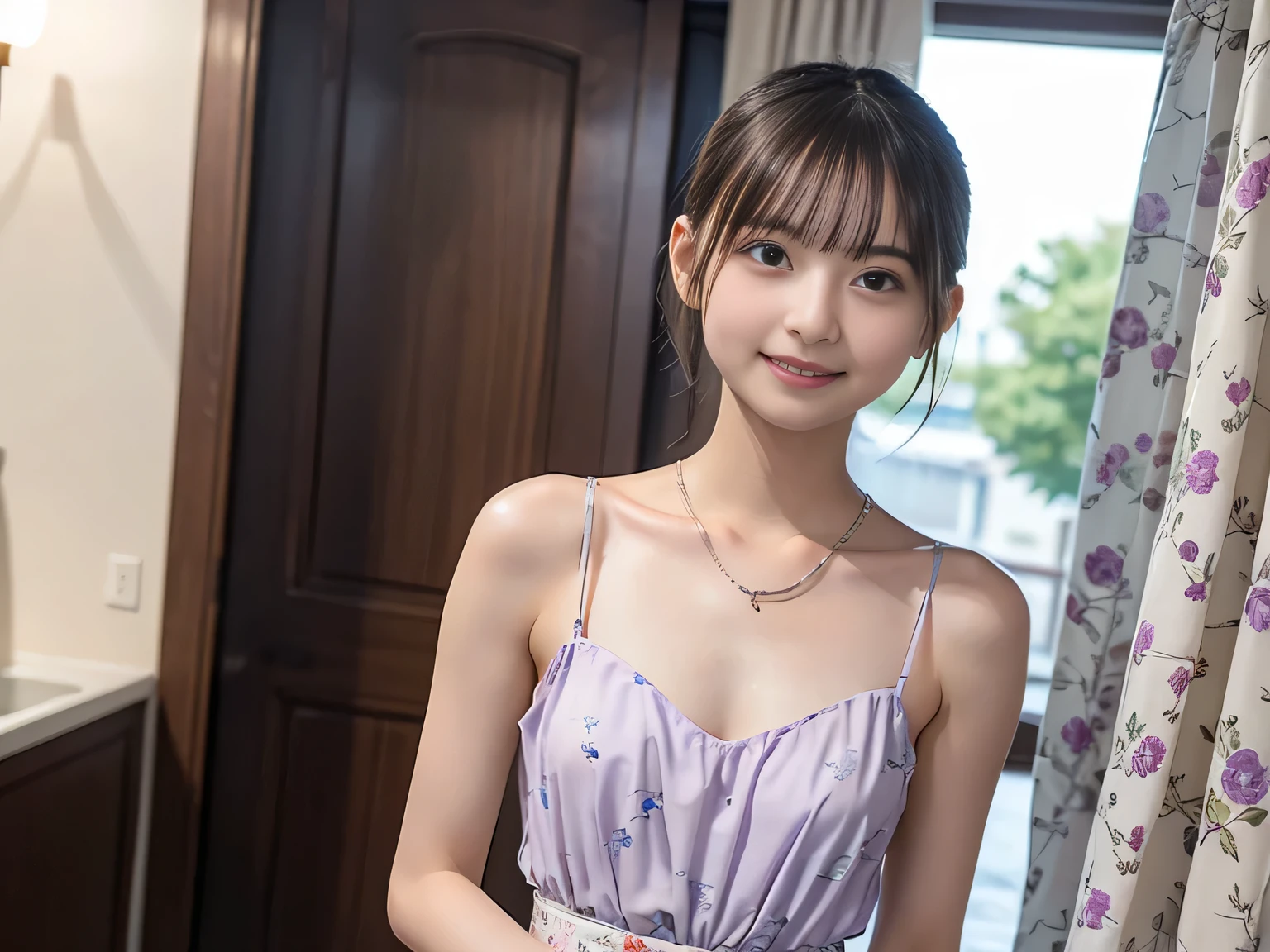 Masterpiece, Top Quality, (clear Photo: 1.3), Photorealistic, Yuguo, Hanaran, Hanaran, 1 Girl, extra short hair, sidelocks-hair, smiling face, earrings, necklace,