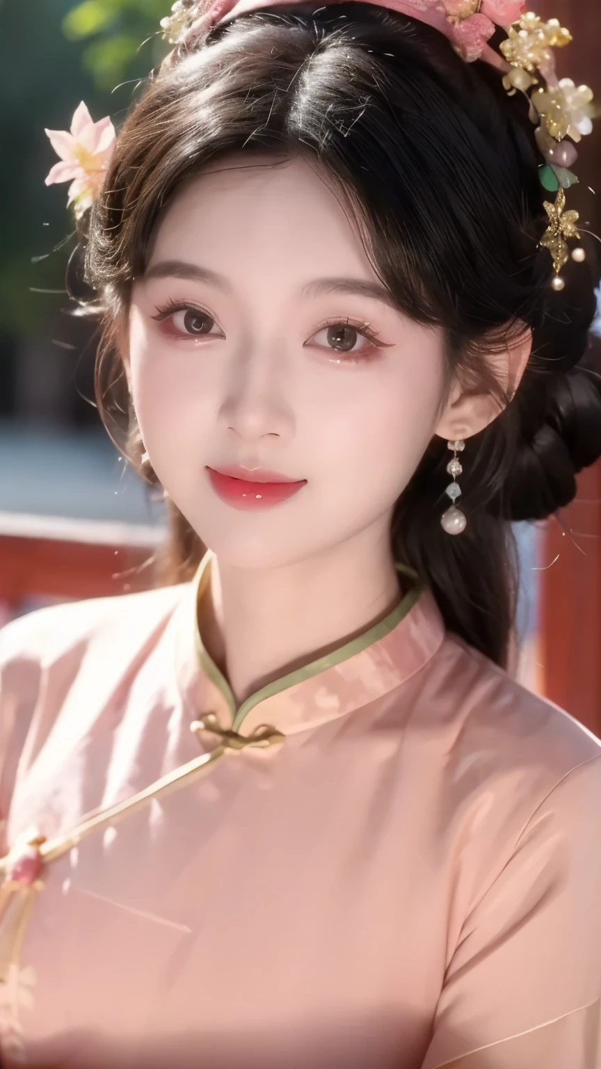 1 beautiful girl,best quality,(painting:1.5),Chest,torii,,depth of field, detailed face ,facial focus,ribbon_trim,(watching the audience:1.25),Smile,Thick lips,Real People,blue cheongsam