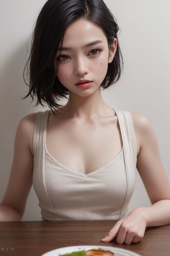 ((Highest quality, 8K, masterpiece :1.3)), One girl,17 years old, beautiful woman with slim abs, (Short Hair, Highly detailed face, Very cute face,Fine grain, double eyelid), Small breasts, V-neck tank top,(Open chest), Shorts, (Very beautiful face),Dynamic Lighting, Depth of written boundary, Model pose,