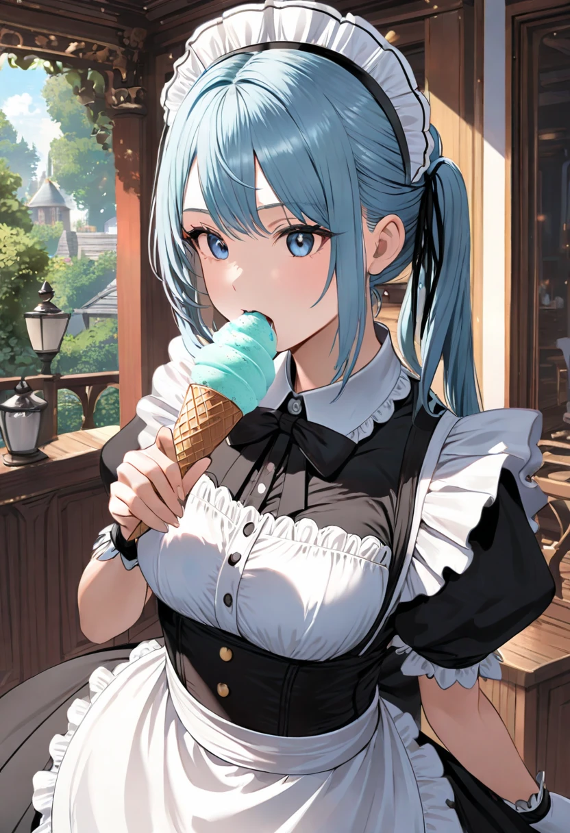 (highest quality:1.2, 4k, 8k, Studio Anime, Very detailed, Latest, Vibrant, High Detail, High Contrast, masterpiece:1.2, highest quality, Best aesthetics), (((1 girl))), Sitting, Maid, Maid服, Blue ribbon, Frills, lick:1.2, smile, Popsicles, 舌を出してlick, Cute Girls, Get close, Friendly atmosphere, Fun and young々Cool atmosphere, Precision and focus, Striking contrast,