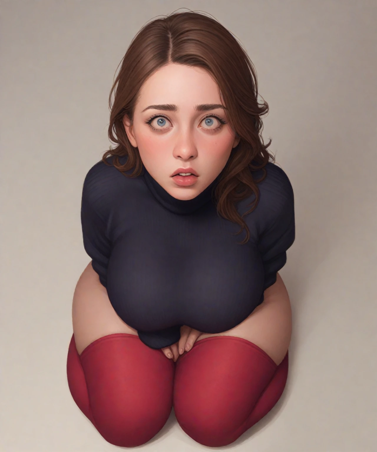 Realistic photo of a beautiful n4t4l13p-v2 woman, 1girl, solo, looking at viewer, short hair, simple background, brown hair, brown eyes, parted lips, teeth, mole, sweater, lips, mole under eye, freckles, realistic, mole on cheek, soft lighting, professional Photography, Photorealistic, detailed, RAW, analog, sharp focus, 8k, HD, high quality, masterpiece, ((no panties and exposing realistic pussy)), exposed pussy, wet pussy