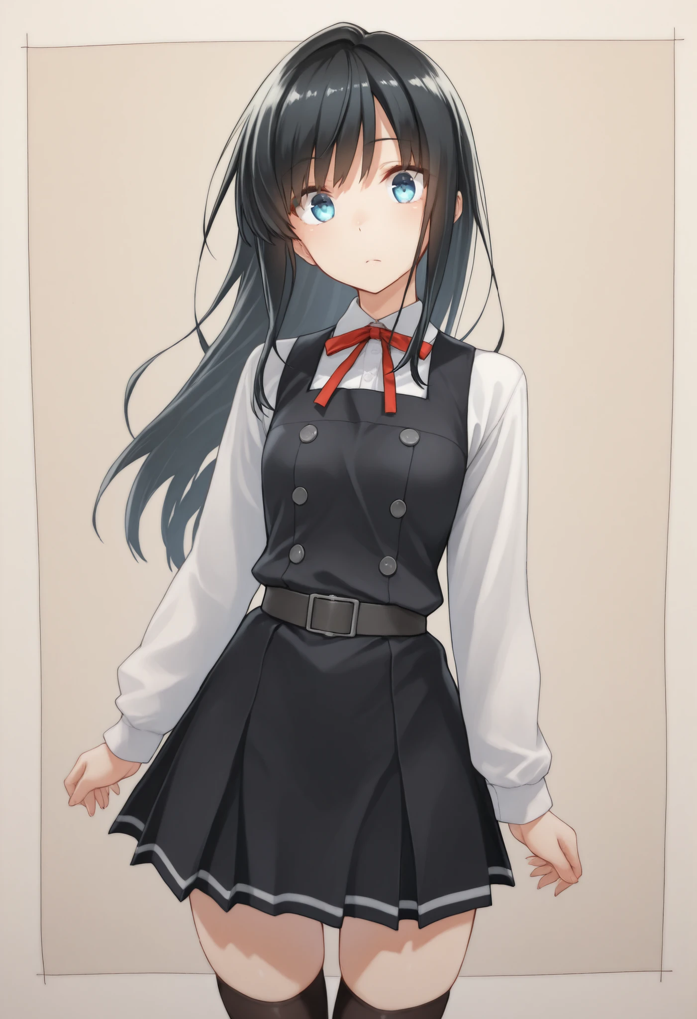 asashioKC,black hair,blue eyes, long hair, shirt, long sleeves, dress, bow, ribbon, white shirt, cowboy shot, belt, bowtie, black dress, red bow, red ribbon, neck ribbon, red bowtie, pinafore dress,black thighhighs,pleated_skirt,, 教室の背景, , 細身の体, 赤面, 厭らしい笑顔, つやつやの肌, ,スカートリフト, (白パンティ), パンティー, 透けたパンティー, , 小さい胸, 