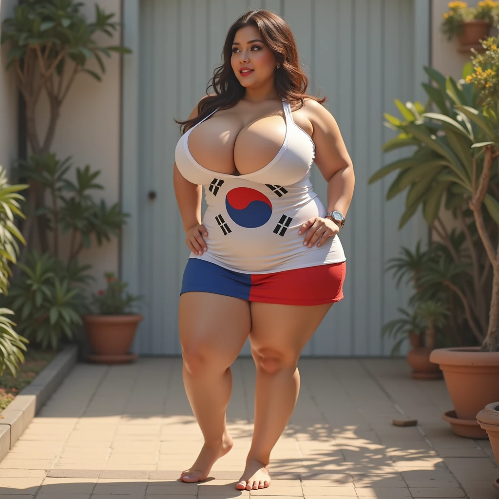 A hot thailand woman, pretty thailand woman, long legs, wavy messy black hair, (plump body, sagging breasts, braless), ((wearing american flag bikini)), white stilettos, pushes chest, seductive look, attractive, full body, front view, at professional photo studio, white backdrop background, dynamic light, dynamic angle, perspective, candid, curvy body, plump body, huge big ass, thick body, curvy body type, voluptuous body type, busty body type, thick body type, big chest, big