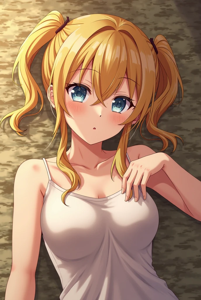 solo, 1girl, yuzuru yamai, camisole, shorts, white camisole, blue shorts, looking at viewer, closed mouth, on back, on grass, arms up, expressionless, upper body,, lying, best quality, sleeveless, center