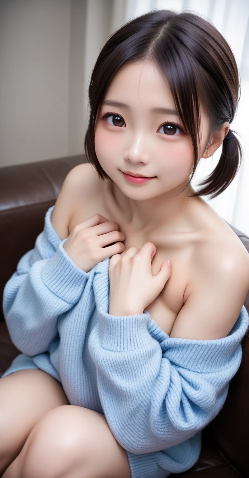 top-quality、masterpiece、超A high resolution、(Photorealsitic:1.4)、1girl in、Super Cute、childish、Lori、beautiful countenance、(Lifelike face)、A smile、(A dark-haired、short-hair:1.3、bow ribbon)、bow ribbon、fullnude、teats、No Underwear、Cleft in the crotch、Crotch focus、Beautiful hairstyle、realisticeyes、Beautiful details、(real looking skin)、Beautiful skins、(Sweaters)、absurderes、enticing、超A high resolution、A hyper-realistic、high-detail、the golden ratio((top-quality、8K、masterpiece:1.3))、foco nítido:1.2、13years、Perfect Beautiful Girl、Idol、Beautiful Women in Perfect Style、full body seen、Show me your right armpit、toppless、fullnude、are visible、Do not wear underwear、fullnude、No pubic hair、Show off your genitals and pubic hair、Both pubic hair and genitals are visible、Sit down and open your crotch to expose your genitals、Do not place your feet or hands in front of pubic hair or genitals、Shoulder、enticing、looking in camera、
