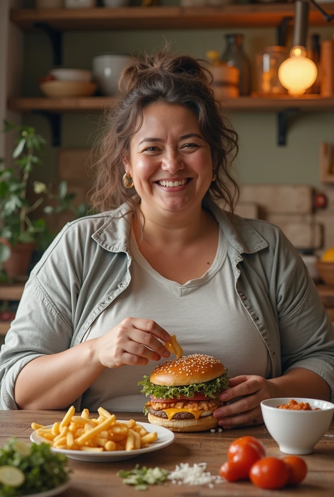 Create an image of an obese girl with huge tits eating naked