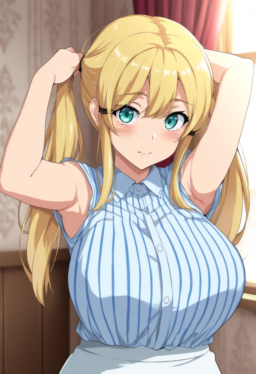score_9, score_8_up, score_7_up, BREAK, source_anime, tegaki, (1980s (style), retro artstyle, 1980s anime cels style), anime coloring, anime screencap, 2d, anime cels, (flat color), BREAK, 1girl, huge breasts, closed legs, blush, open mouth, tongue out, saliva, long hair, blonde hair, blue eyes, half closed eyes, bangs, cowboy shot, naked apron, looking at viewer, indoors, living room, finger to mouth