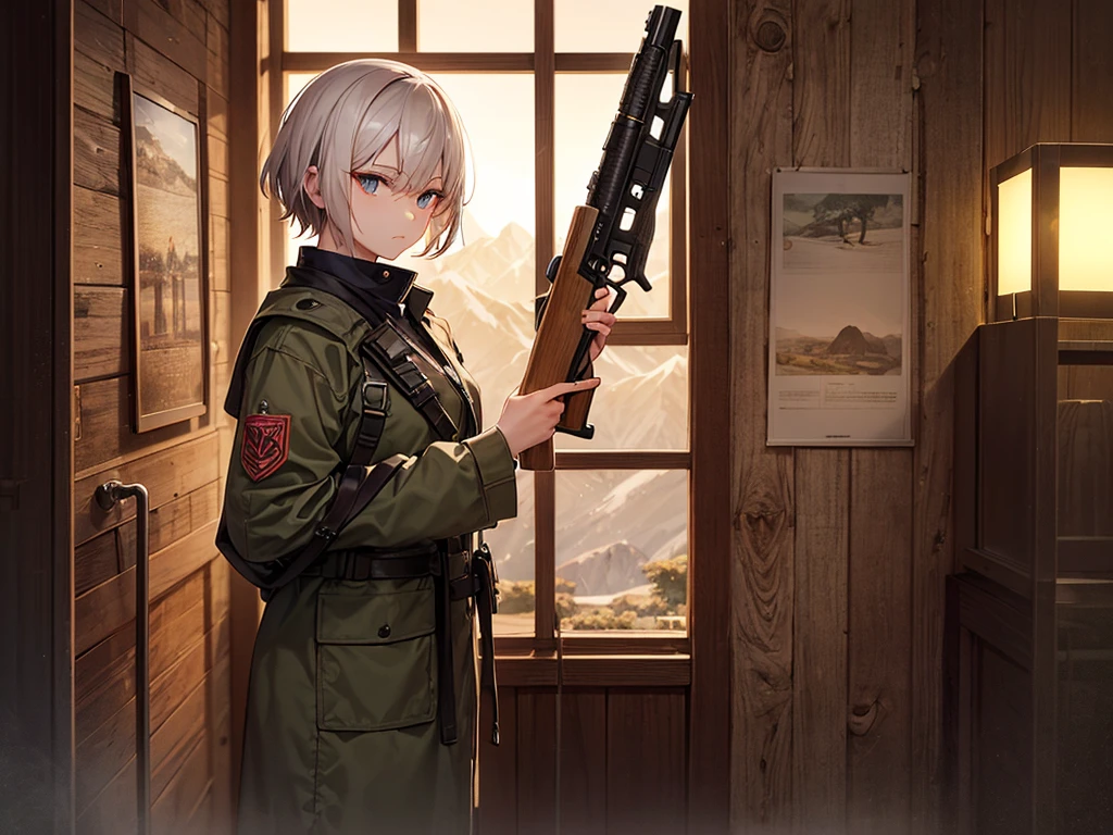 Masterpiece, 1girl, (Prushka), cowboy shot, holding gun, AK47 , <lora:bettergunAK47WIP_betaWIP:0.5>