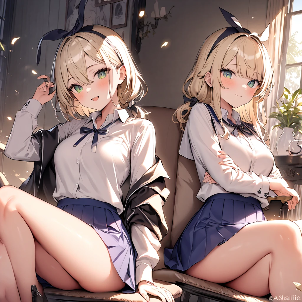 (cute eyes:1.2), (sparkling eyes:1.2), (8K、Best image quality、highest quality、masterpiece)、Detailed face、(2 girls)、Improve、(white hair, small eyes, pink eyes, short hair, straight hair, nekomimi)、(open mouth), (embarrassed), (skinny body:1.2),(small breasts), (beige off shoulder sweater:1.2), (cleavage), (crop top navel), Sit on a chair, Classroom Background, (black stockings:1.1), (Thighs:1.1), (Waistline:1.1),(close-up shot of bust), (from above:1.2)