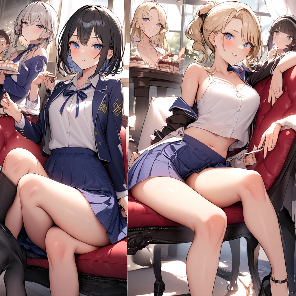 (masterpiece, Highest quality), (((Perfect Anatomy, Anatomically correct))), ((1 Girl)), short hair, Blunt bangs, Light brown hair, happiness, Green Eyes, hair ornaments, School_uniform, short_Dispel, just_feet, blue sky, window, Front view, Insights,The body is slim, Compresses on the chest, ((Beige cardigan,Green pleated skirt、Blue Neck Ribbon、White knee-high socks)),Pastel colored pantiesが見えている、((Pastel colored panties))、((Shiny panties))、((Normal location:1.4))、(((Straddle)))，((feetを開いて座らされた…))、((orgasm:1.6)),((((M-shaped legs:1.1))),((Lift up your shirt:1.5)),((Showing off your bra)),(((Lace bra))),Award-winning bra designs、Random Color Bra、((((M-shaped legs:1.1)))、((orgasm:1.3)),((((M-shaped legs:1.1))),(((Sex with a man))),(Vagina Penis),Erotic atmosphere,Stupid,shortness of breath:1.6,((Pussy juice:1.3))