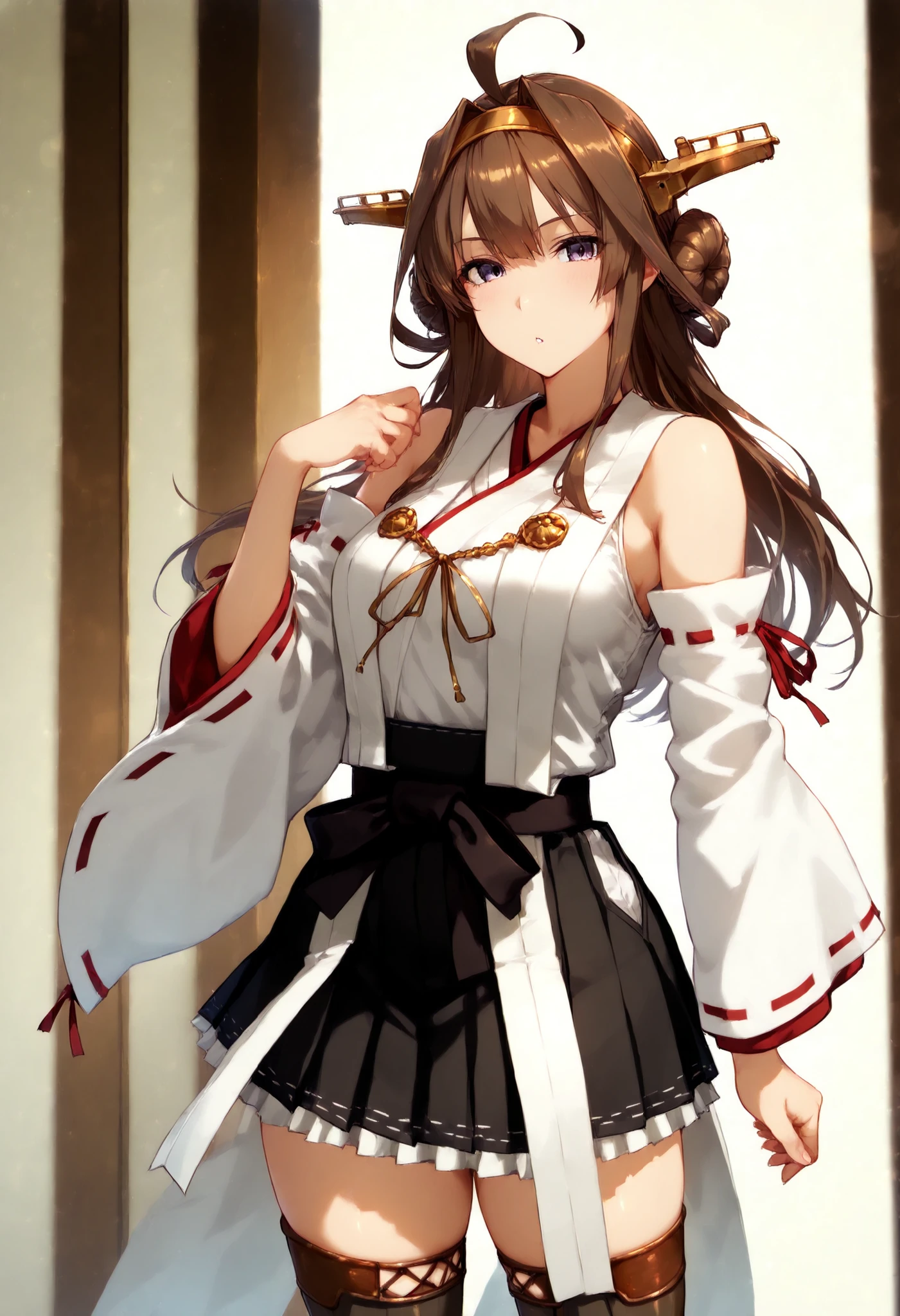 kongouKC,brown hair,long hair, thighhighs, ahoge, pleated skirt, hairband, detached sleeves,japanese clothes, black skirt, hair bun,double bun, headgear, thigh boots, ribbon trim, hakama, nontraditional miko, ribbon-trimmed sleeves