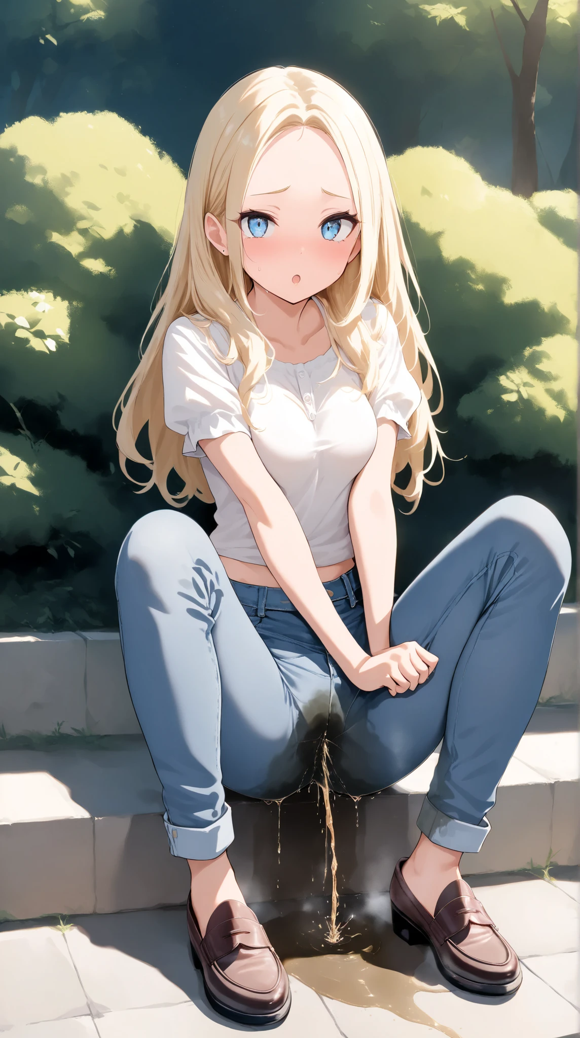 beautiful, cute 5yo anime girl, blue eyes, blond long hair, wearing a tiny white thong bikini, squatting in forest, flat chest, skinny body, skinny legs, little, embarrassed, shy, blushing, uncomfortable, low angle view,
