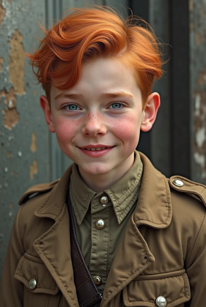 handsome 15 years old 1 boy with red medium hair and lower short ponytail, green eyes, standing on the European city street, leather harness with o-ring, short pants, beautiful legs, brown leather shoes, smile, masterpiece, 8k, high quality, photorealistic