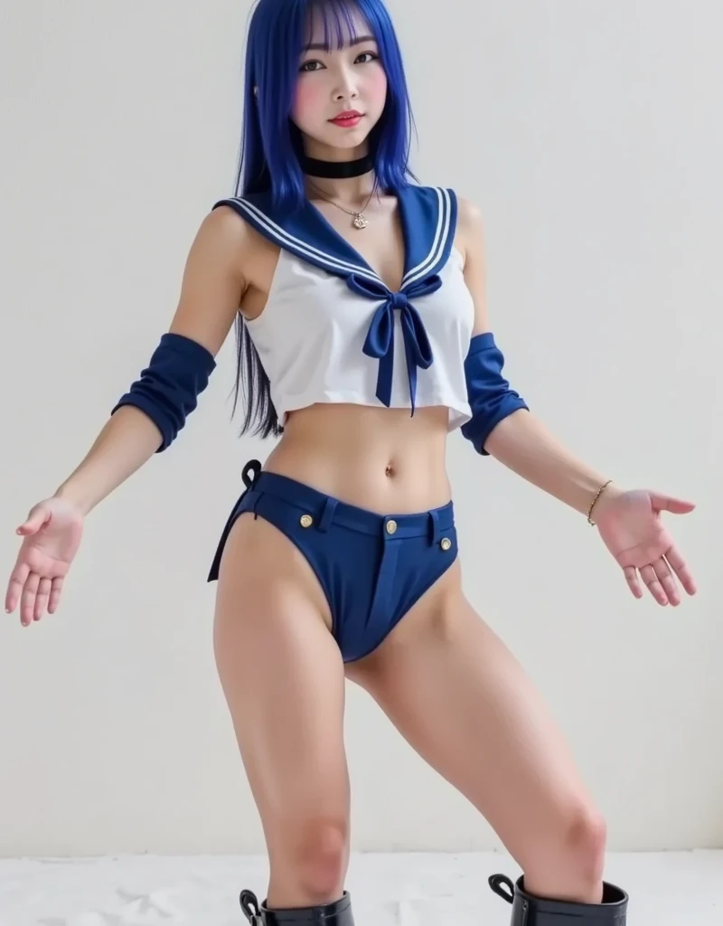 (best quality, 8k, photorealistic:1.5), (solo),(one girl:1.5),(ish),(baby n up girl),(pinup model photos:1.3),(shiny skin),(oily skin),(Light blue hair:1.3),(straight hair),(long hair:1.5),(beautiful girl),(cool beauty girl),(elegant woman),(Blush brown makeup),(dark eye makeup),(pink lipstick),(big beady eyes girl:1.3),(droopy eyes woman),(blue eyes girl:1.3),(impressive eyes),(expensive necklace), chuuChloe,(keep smiling),(looks fun:1.5),(mini thong:1.5),(healthy body),(Show off crotch:1.6),(teenager girl:1.5),(Sailor Mercury costume play:1.5),(bold posing)