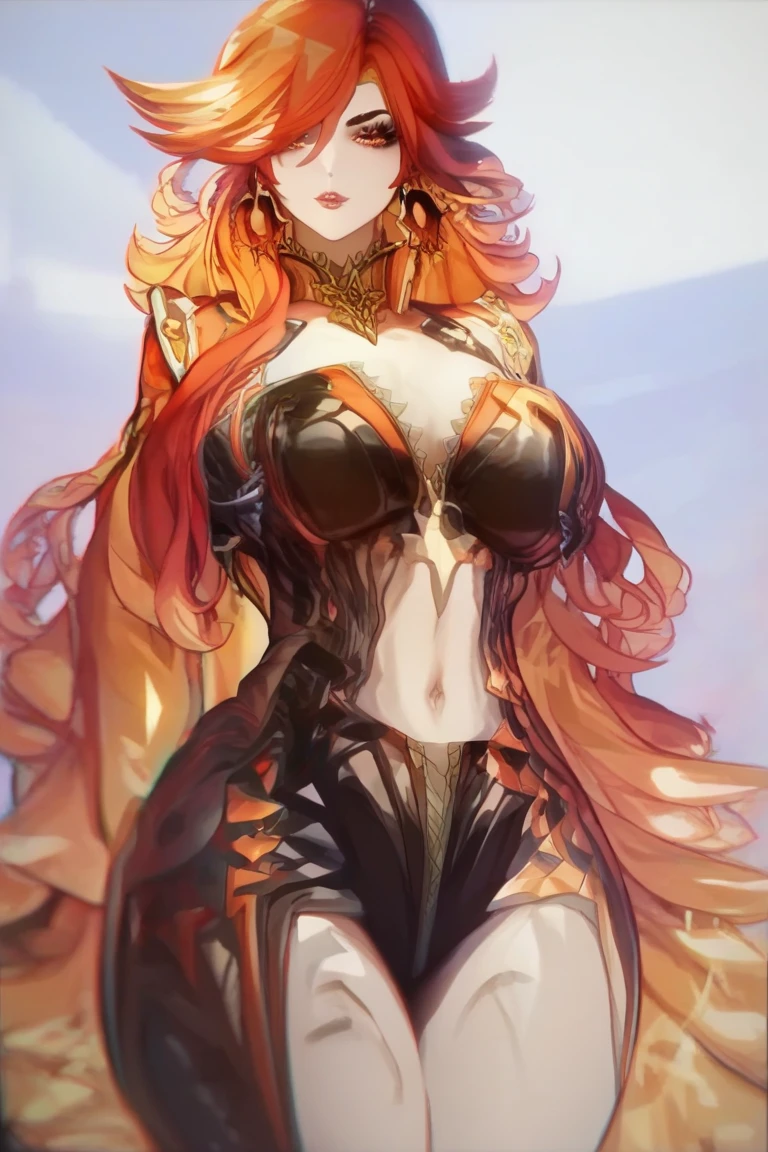 (Best quality),(ultra detailed),(anime style),(detailed body),(1 adult woman,beautiful detailed eyes,beautiful detailed lips),(red hair,blue eyes),(demon,succubus,horns,tail),(detailed dress with gold,detailed skirt with gold),(high heels),(vivid colors),(full body),(best detailed body),(best detailed eyes)