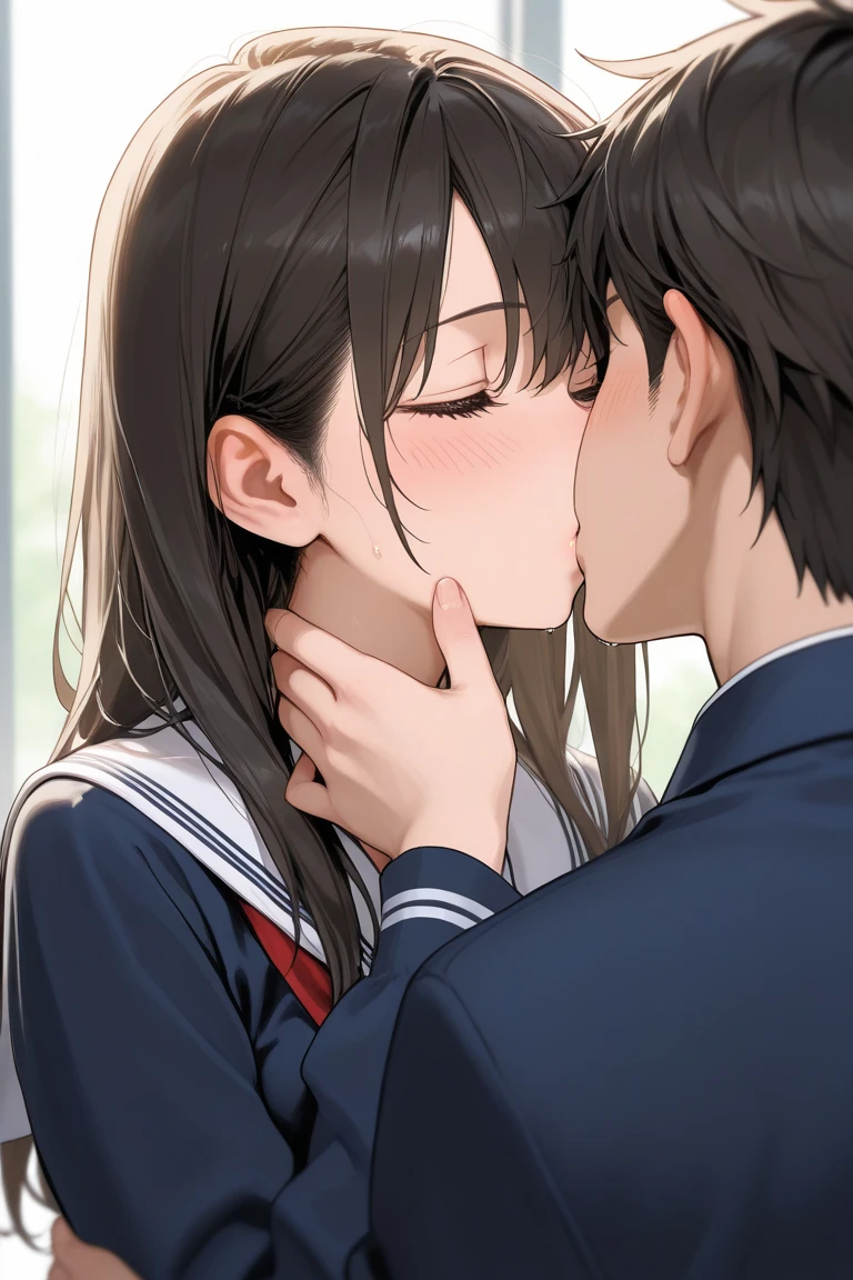 nsfw,profile,(fellatio, oral, licking_penis:1.4),(veiny penis:1.1)、、(大人の女性、セクシーな女性、クールな女性,完璧な美人、school uniform, serafuku, pleated skirt, sailor collar, white shirt)