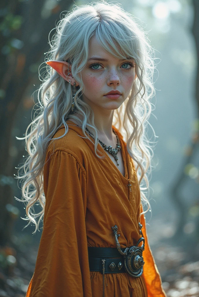 An elven youth with silvery white hair that fluttered gently in the wind. His eyes were bright blue, radiating intelligence and deep interest. Her body was slender and lithe, clad in a moss green silk robe decorated with small, faintly shining stars. At his waist hung a small sword engraved with ancient symbols. Want to add more details? For example, do these elves live in a forest, city, or somewhere else? What special skills does he have? With additional information, I can provide a more specific picture.