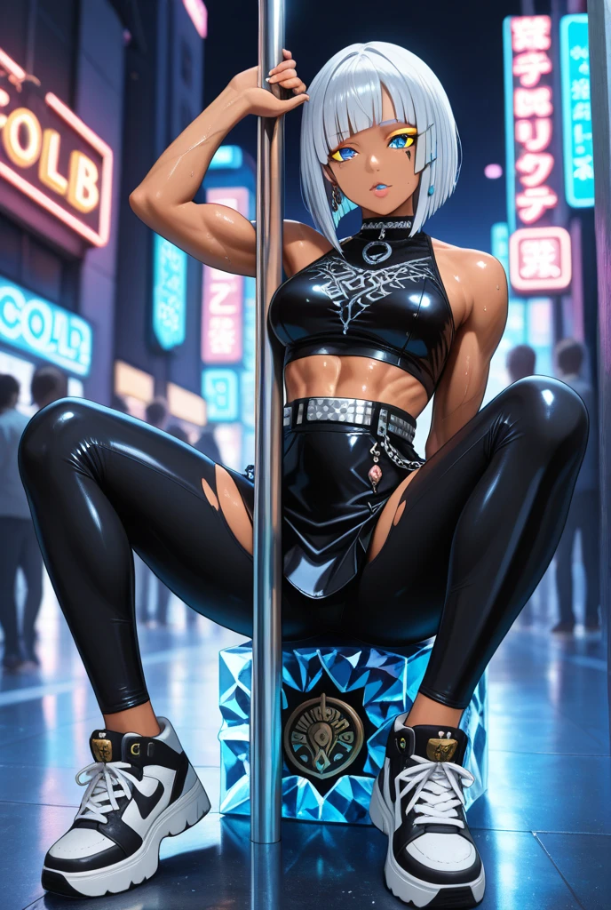 Leather gloves, dark skin, unzipped shorts, holding, oiled body, shiny skin, half shaved Hair, evil grin, High Heels, bandages on leg, bandages on arm, hot squat, Milf, tanned