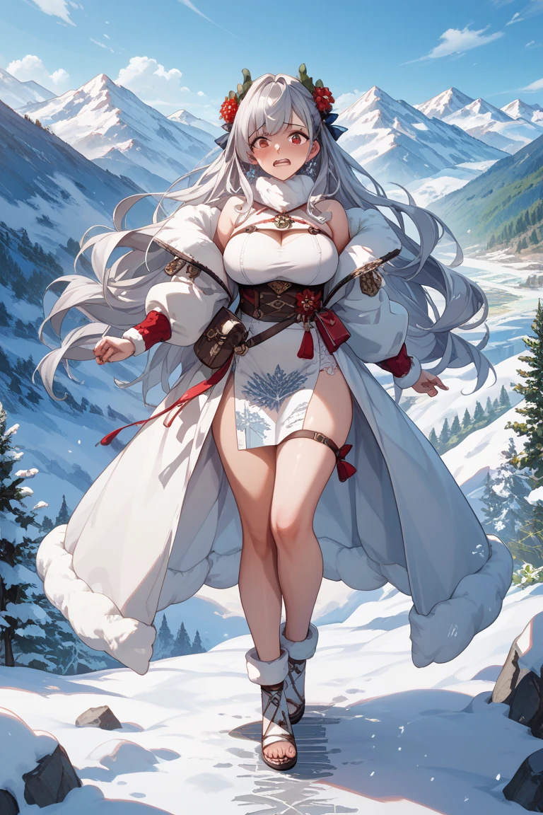 photo, photorealistic, photorealism, full body shot, wide angle, female busty skier wearing ski wears, fully clothed, gigantic breasts, cleavage, giga_busty, (rime ice covered trees along skyline:1.3), (rime ice and snow:1.5), (sunrise:1.5)
