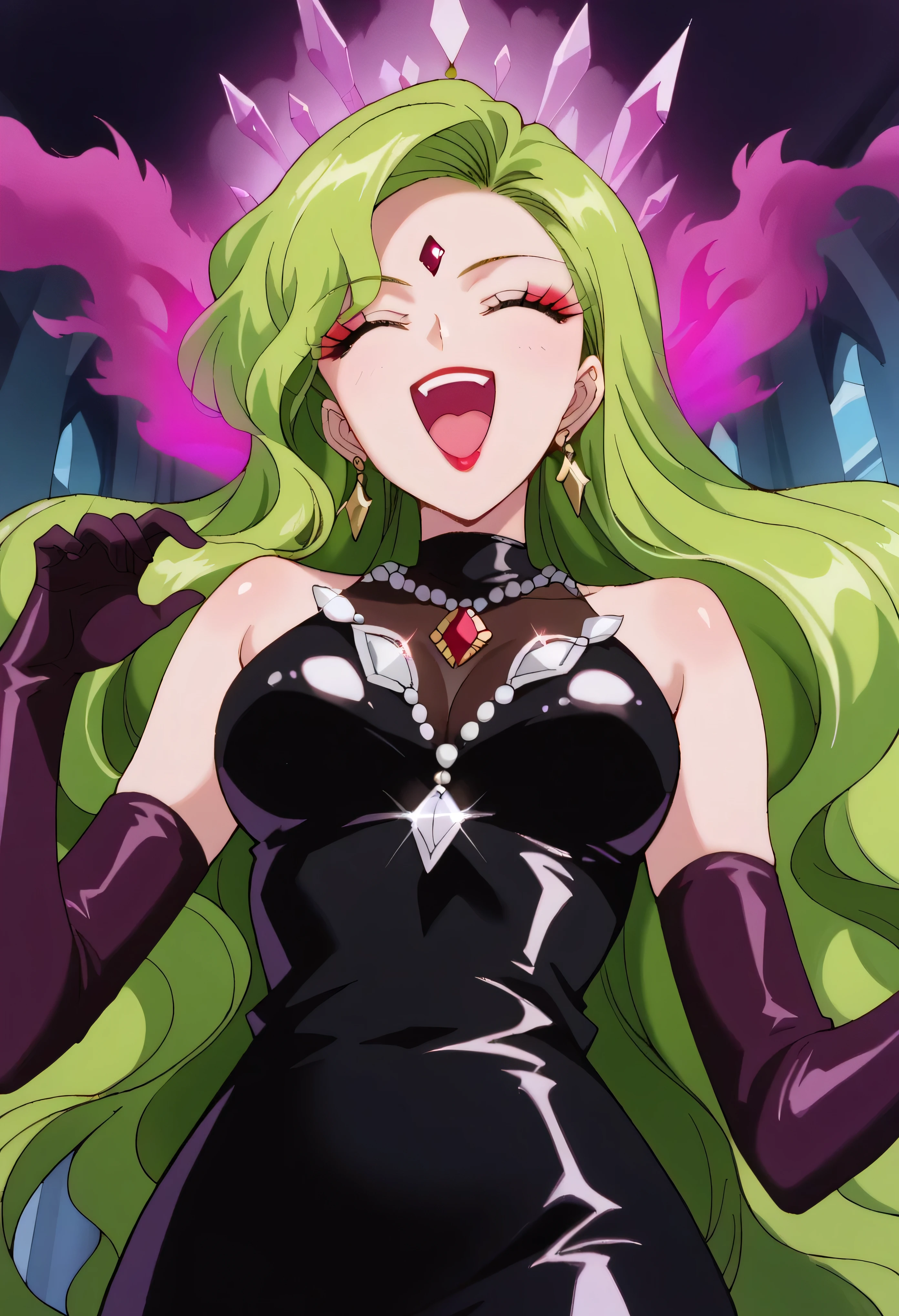 1 woman, beautiful face above the castle gate, green hair, very long hair, wavy hair with a graceful expression, LATEX ONLY , latex gloves, red lipstick, makeup, elbow-length gloves, eyeshadow, bare shoulder,shiny latex black dress, gemstone necklace that crosses the see-through,huge purple crystal,earrings, , (dark aura:1.9),   go up and open your mouth wide  ,、Self-conceit,from below,Looking Down at Viewers,(laugh:1.9),Anime Coloring,The black crescent moon on the forehead,young lady pose,