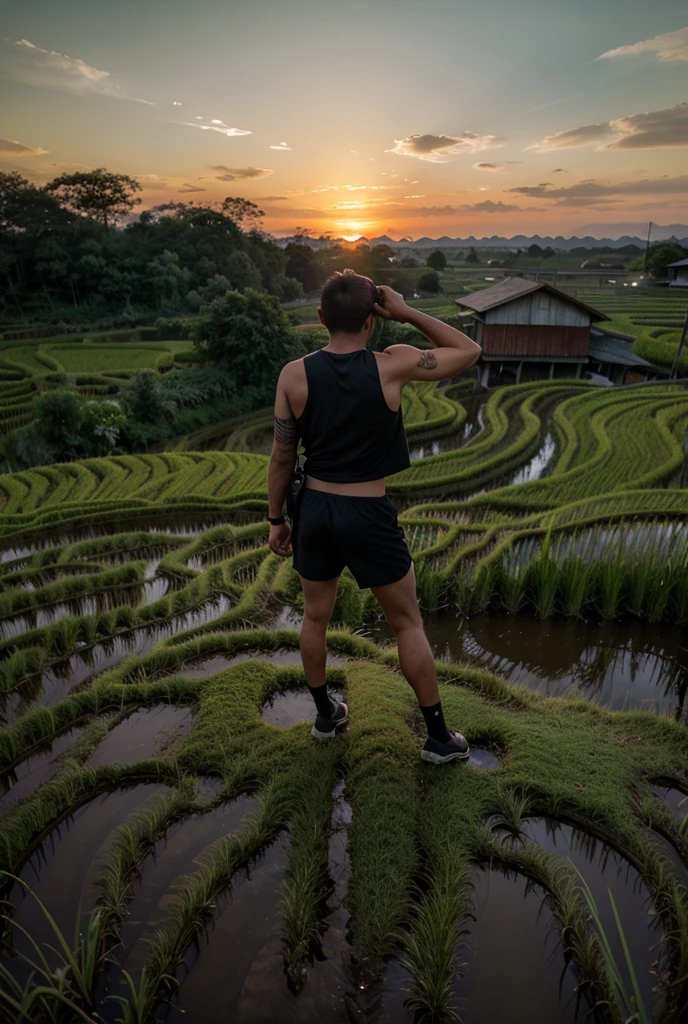 daddy,farmer,Thai,Short Hair Hair,has a short mustache,Tight muscles,Black skin,No pants.,No shirt.,Sit with your back to your back.,on the hut,In the middle of the rice field
