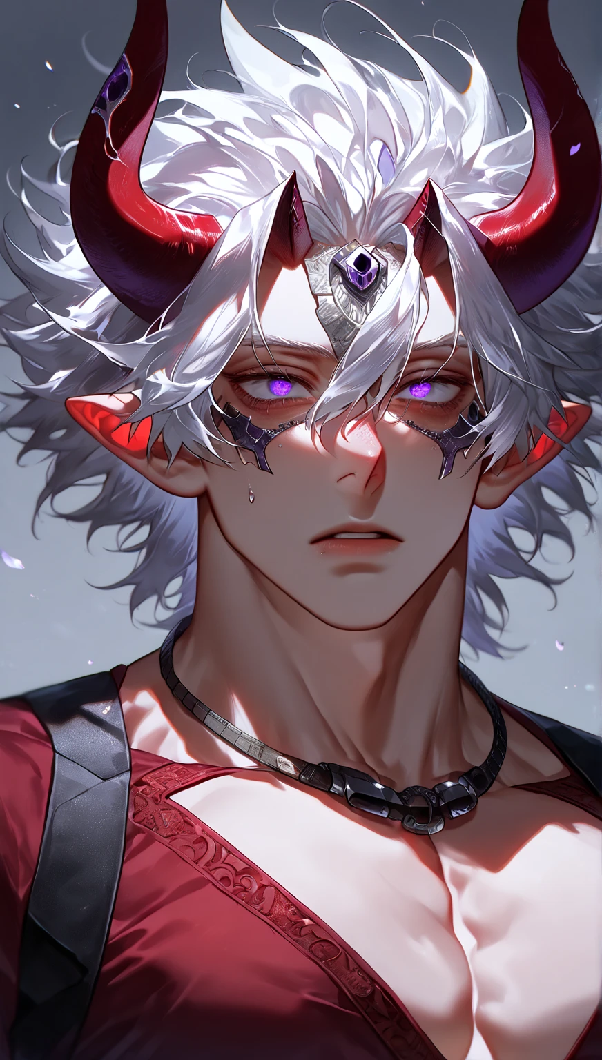 Ultra detailed, highres, absurdres, HDR, master piece, Krozseria, messy white hair, short hair, expressive red eyes, Demon Fantasy, blue petals, black cape, sexy man, solo, best quality, blue flowers, blue shining fireflies, handsome, black horns, the word "Krozseria" is written on his shirt, fantasy, black horns, black gloves, bare chest, toned chest