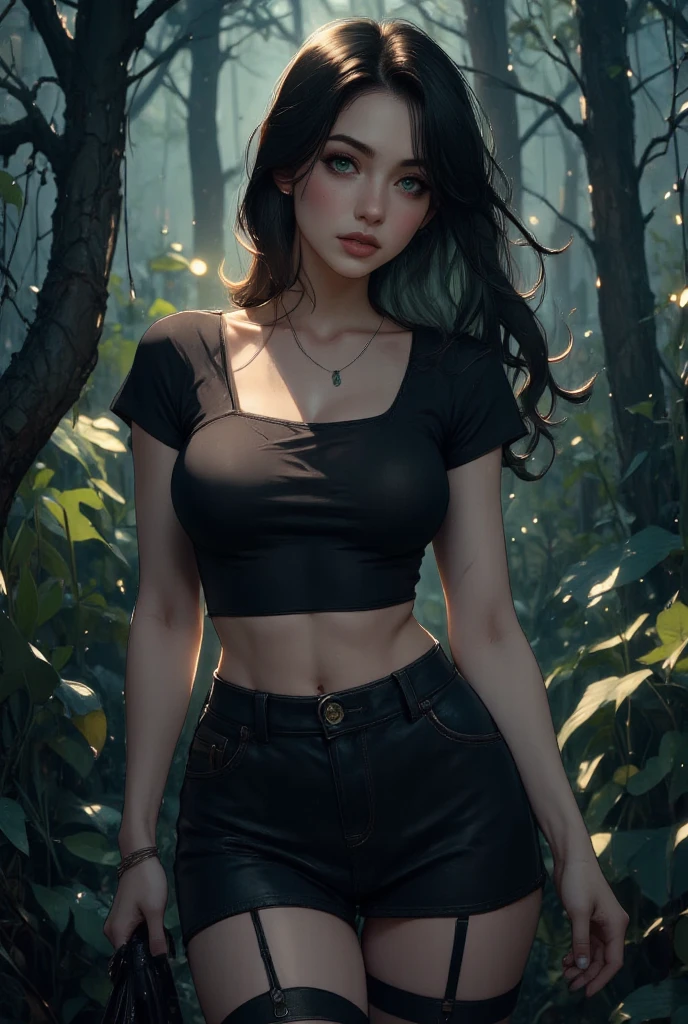 masterpiece, best quality, octane render, hyper-realism, photorealistic, woman, Daniela wearing t-shirt and jean shorts, walking in a dense forest, afternoon, sunshine, light rays, RayTrace, spring flowers, <lora:MIOfinalRS:1>