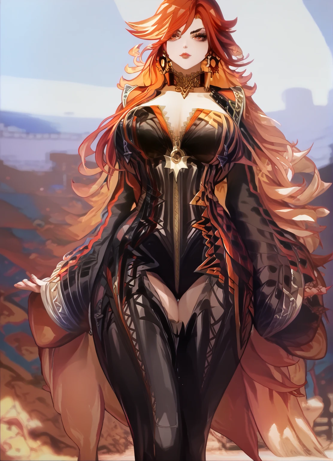 (masterpiece, best quality) an adult woman with very long red hair, ((white background, no background, without background)),, neckline, (profile picture), bodysuit, cold look, queen, good anatomy, good proportions, black clothes, queen, (((red and gold eyes))), smiling, mysterious appearance, emotionless, bangs, very long red hair, (Red and Gold Eyes), Gothic, big Chest (large breasts), ((Chest to Head Show)),(((full body))), Cinematics, Color Oil Painting, Solo, Cinematic Lighting, Extremely Detailed Face, Finely Detailed Face, Beautiful Face, Beautiful Eyes, Perfect Lighting, Depth of Field, Good Anatomy